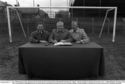 July 1989; Pictured at the signing of an agreement between General Motors Distribution Ireland Ltd., ( Opel),  and the Football Assosation of Ireland are l to r , Michael Hyland, President of the FAI, Arnold O'Byrne Managing Director, General Motors Distribution Ireland Ltd and Jack Charlton Manager of the Republic of Ireland Soccer team. Photo by Ray McManus/Sportsfile