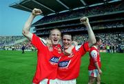 7 May 2000; J.P. Rooney, left and Nicky Malone of Louth celebrate following the Church & General National Football League Division 2 Final between Louth and Offaly at Croke Park in Dublin. Photo by Brendan Moran/Sportsfile