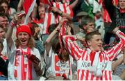 7 May 1995; Derry City supporters celebrate following the Bord Gáis League Cup Final between Derry City and Shelbourne at Lansdowne Road in Dublin. Photo by David Maher/Sportsfile
