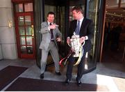 8 May 2001; Bohemians manager Roddy Collins, left, shares a joke with Longford Town manager Stephen Kenny outside the Alexander Hotel in Dublin during the FAI Harp Lager Cup Final Media Day, ahead of the Final at Tolka Park which takes place on May 13th. Photo by David Maher/Sportsfile