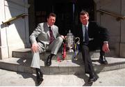 8 May 2001; Bohemians manager Roddy Collins, left, with Longford Town manager Stephen Kenny outside the Alexander Hotel in Dublin during the FAI Harp Lager Cup Final Media Day, ahead of the Final at Tolka Park which takes place on May 13th. Photo by David Maher/Sportsfile