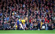 6 May 2001; Niall Gilligan of Clare prepares to take a free during the Allianz National Hurling League Final between Tipperary and Clare at the Gaelic Grounds in Limerick. Photo by Ray McManus/Sportsfile