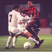 14 September 1993; Tony Cousins of Bohemians in action against Zinedine Zidane of Bordeaux during the UEFA Cup First Round 1st Leg between Bohemians and Bordeaux at Dalymount Park in Dublin. Photo by David Maher/Sportsfile