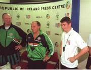 June 1994; Republic of Ireland Assistant Manager Maurice Setters, centre, accompanied by Manager Jack Charlton and Roy Keane, speaks at a press conference to confirm that there had been no difference of opinion between himself and Roy Keane during the USA '94 campaign. Soccer. Photo by Ray McManus/Sportsfile