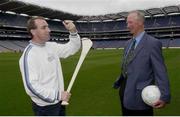 19 September 2003; DJ Carey explains the bounce of the sliothar to Jack Charlton when three legends of Irish sport, DJ Carey, Tony Ward and Jack Charlton came together, in Croke Park, Dublin, for a Flora pro.active cholesterol awareness campaign to mark World Heart Day, which is Sunday 28 September 2003. Picture credit; Ray McManus / SPORTSFILE *EDI*