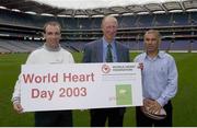 19 September 2003; Three legends of Irish sport, DJ Carey, Tony Ward and Jack Charlton came together, in Croke Park, Dublin, for a Flora pro.active cholesterol awareness campaign to mark World Heart Day, which is Sunday 28 September 2003. Picture credit; Ray McManus / SPORTSFILE *EDI*