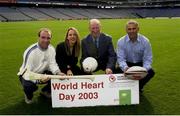 19 September 2003; Three legends of Irish sport, DJ Carey, Tony Ward and Jack Charlton came together, in Croke Park, Dublin, for a Flora pro.active cholesterol awareness campaign to mark World Heart Day, which is Sunday 28 September 2003. Picture credit; Ray McManus / SPORTSFILE