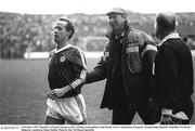 14 October 1987; Republic of Ireland manager Jack Charlton congratulates Liam Brady as he is substituted. European Championship Qualifier, Republic of Ireland v Bulgaria, Lansdowne Road, Dublin. Photo by Ray McManus/Sportsfile