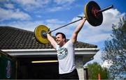 6 May 2020; Irish National Champion Olympic Weightlifer Seán Brown during a training session at his home in Athy, Kildare. Photo by David Fitzgerald/Sportsfile