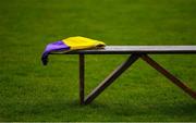 10 May 2020; A folded Wexford flag sits on an empty bench, usually reserved for team photographs, on the afternoon of the Leinster GAA Football Senior Championship Round 1 match between Wexford and Wicklow at Chadwicks Wexford Park in Wexford. This weekend, May 9 and 10, was due to be the first weekend of games in Ireland of the GAA All-Ireland Senior Championship, beginning with provincial matches, which have been postponed following directives from the Irish Government and the Department of Health in an effort to contain the spread of the Coronavirus (COVID-19). The GAA have stated that no inter-county games will take place before October 2020. Photo by Seb Daly/Sportsfile