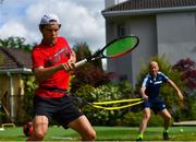 11 May 2020; Irish No.1 ranked tennis player and Davis Cup team member Simon Carr with his physical trainer and father Tommy Carr during a training session at his home in Westmeath while adhering to the guidelines of social distancing set down by the Health Service Executive. Following directives from the Irish Government and the Department of Health the majority of the country's sporting associations have suspended all organised sporting activity in an effort to contain the spread of the Coronavirus (COVID-19). Photo by Seb Daly/Sportsfile