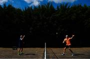 11 May 2020; Irish No.1 ranked tennis player and Davis Cup team member Simon Carr with his physical trainer and father Tommy Carr during a training session at his home in Westmeath while adhering to the guidelines of social distancing set down by the Health Service Executive. Following directives from the Irish Government and the Department of Health the majority of the country's sporting associations have suspended all organised sporting activity in an effort to contain the spread of the Coronavirus (COVID-19). Photo by Seb Daly/Sportsfile