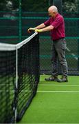 15 May 2020; Malahide Lawn Tennis and Croquet Club groundsman Eamonn O'Donnell prepares the nets on the main courts as it prepares to re-open as one of the first sports allowed to resume having followed previous directives from the Irish Government on suspending all tennis activity in an effort to contain the spread of the Coronavirus (COVID-19). Tennis clubs in the Republic of Ireland can resume activity from May 18th under the Irish government’s Roadmap for Reopening of Society and Business once they follow the protocol published by Tennis Ireland. The protocol sets out safe measures for tennis to return in a phased manner. Photo by Brendan Moran/Sportsfile