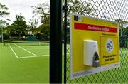 15 May 2020; A general view of a hand sanitising station at Malahide Lawn Tennis and Croquet Club in Dublin as it prepares to re-open as one of the first sports allowed to resume having followed previous directives from the Irish Government on suspending all tennis activity in an effort to contain the spread of the Coronavirus (COVID-19). Tennis clubs in the Republic of Ireland can resume activity from May 18th under the Irish government’s Roadmap for Reopening of Society and Business once they follow the protocol published by Tennis Ireland. The protocol sets out safe measures for tennis to return in a phased manner. Photo by Brendan Moran/Sportsfile