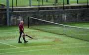 15 May 2020; Malahide Lawn Tennis and Croquet Club groundsman Eamonn O'Donnell uses a leaf blower to clear leaves from the main courts as it prepares to re-open as one of the first sports allowed to resume having followed previous directives from the Irish Government on suspending all tennis activity in an effort to contain the spread of the Coronavirus (COVID-19). Tennis clubs in the Republic of Ireland can resume activity from May 18th under the Irish government’s Roadmap for Reopening of Society and Business once they follow the protocol published by Tennis Ireland. The protocol sets out safe measures for tennis to return in a phased manner. Photo by Brendan Moran/Sportsfile
