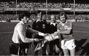 16 May 1980; Team captains Daniel Passarella of Argentina and Tony Grealish of Republic of Ireland shake hands in the company of referee George Courtney prior to the International Friendly match between Republic of Ireland and Argentina at Lansdowne Road in Dublin. Photo by Ray McManus/Sportsfile