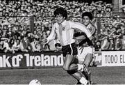 16 May 1980; Diego Maradona of Argentina in action against Chris Hughton of Republic of Ireland during the International Friendly match between Republic of Ireland and Argentina at Lansdowne Road in Dublin. Photo by Ray McManus/Sportsfile