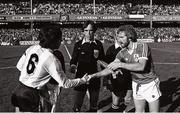 16 May 1980; Team captains Daniel Passarella of Argentina and Tony Grealish of Republic of Ireland shake hands in the company of referee George Courtney prior to the International Friendly match between Republic of Ireland and Argentina at Lansdowne Road in Dublin. Photo by Ray McManus/Sportsfile
