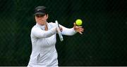 18 May 2020; Club member Kristen Barton participates in tennis at Malahide Lawn Tennis and Croquet Club in Dublin as tennis resumes having previously suspended all tennis activity following directives from the Irish Government in an effort to contain the spread of the Coronavirus (COVID-19). Tennis clubs in the Republic of Ireland resumed activity on May 18th under the Irish government’s Roadmap for Reopening of Society and Business following strict protocols of social distancing, hand sanitisation and marked tennis balls among others allowing tennis to return in a phased manner. Photo by Brendan Moran/Sportsfile
