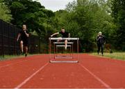 18 May 2020; Club members Jack Raftery, Alex Clarkin and Aoife Lynch participate in a training session at Donore Harriers Athletic Club in Dublin as athletics resumes having previously suspended all activity following directives from the Irish Government in an effort to contain the spread of the Coronavirus (COVID-19). Athletics clubs in the Republic of Ireland resumed activity on May 18th under the Irish government’s Roadmap for Reopening of Society and Business following strict protocols of social distancing and hand sanitisation among others allowing it to return in a phased manner. Photo by Harry Murphy/Sportsfile