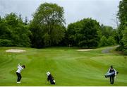 18 May 2020; Irish professional golfer Leona Maguire hits her second shot on the 3rd hole, watched by her twin sister and former professional golfer Lisa Maguire during a round of golf at Slieve Russell Golf Club in Cavan as it resumes having previously suspended all activity following directives from the Irish Government in an effort to contain the spread of the Coronavirus (COVID-19). Golf clubs in the Republic of Ireland resumed activity on May 18th under the Irish government’s Roadmap for Reopening of Society and Business following strict protocols of social distancing and hand sanitisation among others allowing it to return in a phased manner. Photo by Ramsey Cardy/Sportsfile
