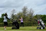 18 May 2020; Club member Jacqui Curry hits a tee shot, watched by Geraldine O'Neill during a round of golf at Slieve Russell Golf Club in Cavan as it resumes having previously suspended all activity following directives from the Irish Government in an effort to contain the spread of the Coronavirus (COVID-19). Golf clubs in the Republic of Ireland resumed activity on May 18th under the Irish government’s Roadmap for Reopening of Society and Business following strict protocols of social distancing and hand sanitisation among others allowing it to return in a phased manner. Photo by Ramsey Cardy/Sportsfile