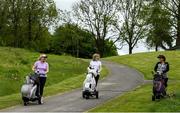 18 May 2020; Club members Jacqui Curry, left, Patricia Gilroy, centre, and Geraldine O'Neill during a round of golf at Slieve Russell Golf Club in Cavan as it resumes having previously suspended all activity following directives from the Irish Government in an effort to contain the spread of the Coronavirus (COVID-19). Golf clubs in the Republic of Ireland resumed activity on May 18th under the Irish government’s Roadmap for Reopening of Society and Business following strict protocols of social distancing and hand sanitisation among others allowing it to return in a phased manner. Photo by Ramsey Cardy/Sportsfile