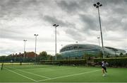 18 May 2020; Club members participate in tennis at Lansdowne Lawn Tennis Club in front of Aviva Stadium in Dublin as tennis resumes having previously suspended all tennis activity following directives from the Irish Government in an effort to contain the spread of the Coronavirus (COVID-19). Tennis clubs in the Republic of Ireland resumed activity on May 18th under the Irish government’s Roadmap for Reopening of Society and Business following strict protocols of social distancing, hand sanitisation and marked tennis balls among others allowing tennis to return in a phased manner. Photo by Brendan Moran/Sportsfile
