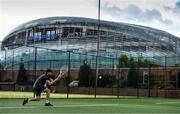 18 May 2020; Club member Donal Lynch participates in tennis at Lansdowne Lawn Tennis Club in front of Aviva Stadium in Dublin as tennis resumes having previously suspended all tennis activity following directives from the Irish Government in an effort to contain the spread of the Coronavirus (COVID-19). Tennis clubs in the Republic of Ireland resumed activity on May 18th under the Irish government’s Roadmap for Reopening of Society and Business following strict protocols of social distancing, hand sanitisation and marked tennis balls among others allowing tennis to return in a phased manner. Photo by Brendan Moran/Sportsfile