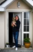 20 May 2020; Derry City manager Declan Devine, accompanied by his dog Belle, at his home in Bridgend, Donegal. Photo by Stephen McCarthy/Sportsfile