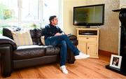 20 May 2020; Derry City manager Declan Devine watches a recording of his team on television at home in Bridgend, Donegal. Photo by Stephen McCarthy/Sportsfile