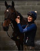 1 June 2020; Work Rider Katie Young with The Big Lense at the yard of horse racing trainer Gordon Elliott in Longwood in Meath. Horse racing is due to return to Ireland behind closed doors on June 8, after racing was suspended in an effort to contain the spread of the Coronavirus (COVID-19) pandemic. Photo by Harry Murphy/Sportsfile