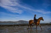 3 June 2020; Leanne Breen on La Novia during a morning ride on Greencastle Beach in Greencastle, Co. Down. Horse racing is due to return behind closed doors on June 8, after racing was suspended in an effort to contain the spread of the Coronavirus (COVID-19) pandemic. Photo by Ramsey Cardy/Sportsfile