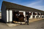 4 June 2020; Jockey Gary Halpin with an unnamed horse at the yard of horse racing trainer Kevin Prendergast in Firarstown in Kildare. Horse racing is due to return to Ireland behind closed doors on June 8, after racing was suspended in an effort to contain the spread of the Coronavirus (COVID-19) pandemic. Photo by Harry Murphy/Sportsfile