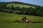 4 June 2020; Jockey Gary Halpin on an unnamed horse on the gallops at the yard of horse racing trainer Kevin Prendergast in Firarstown in Kildare. Horse racing is due to return to Ireland behind closed doors on June 8, after racing was suspended in an effort to contain the spread of the Coronavirus (COVID-19) pandemic. Photo by Harry Murphy/Sportsfile