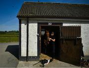 4 June 2020; Jockey Gary Halpin with an unnamed horse at the yard of horse racing trainer Kevin Prendergast in Firarstown in Kildare. Horse racing is due to return to Ireland behind closed doors on June 8, after racing was suspended in an effort to contain the spread of the Coronavirus (COVID-19) pandemic. Photo by Harry Murphy/Sportsfile