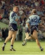 30 July 1995; Paul Clarke of Dublin, right, celebrates after scoring his side's first goal with team-mate Charlie Redmond during the Bank of Ireland Leinster Senior Football Championship Final match between Dublin and Meath at Croke Park in Dublin. Photo by Brendan Moran/Sportsfile