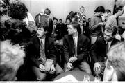 8 June 1990; Republic of Ireland players, from left, Tony Cascarino, John Aldridge and John Sheridan are interviewed during a reception at Dublin Airport for their prior to their departure to the 1990 FIFA World Cup Finals in Italy. Photo by Ray McManus/Sportsfile