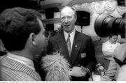 8 June 1990; Republic of Ireland manager Jack Charlton is interviewed by Stephen Alkin of RTE during a reception at Dublin Airport for their prior to their departure to the 1990 FIFA World Cup Finals in Italy. Photo by Ray McManus/Sportsfile