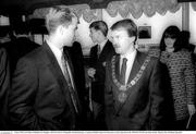 8 June 1990; Lord Mahor of Dublin Sean Haughey with Chris Morris of Republic of Ireland during a reception at Dublin Airport for their prior to their departure to the 1990 FIFA World Cup Finals in Italy. Photo by Ray McManus/Sportsfile