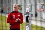 8 June 2020; Conor McCormack sanitises prior to a Derry City training session at Aileach FC in Burnfoot, Donegal. Following approval from the Football Association of Ireland and the Irish Government, the four European qualified SSE Airtricity League teams resumed collective training. On March 12, the FAI announced the cessation of all football under their jurisdiction upon directives from the Irish Government, the Department of Health and UEFA, due to the outbreak of the Coronavirus (COVID-19) pandemic. Photo by Stephen McCarthy/Sportsfile