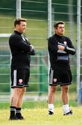 8 June 2020; Manager Declan Devine, right, and assistant manager Kevin Deery during a Derry City training session at Aileach FC in Burnfoot, Donegal. Following approval from the Football Association of Ireland and the Irish Government, the four European qualified SSE Airtricity League teams resumed collective training. On March 12, the FAI announced the cessation of all football under their jurisdiction upon directives from the Irish Government, the Department of Health and UEFA, due to the outbreak of the Coronavirus (COVID-19) pandemic. Photo by Stephen McCarthy/Sportsfile