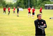 8 June 2020; Manager Declan Devine speaks to BBC during a Derry City training session at Aileach FC in Burnfoot, Donegal. Following approval from the Football Association of Ireland and the Irish Government, the four European qualified SSE Airtricity League teams resumed collective training. On March 12, the FAI announced the cessation of all football under their jurisdiction upon directives from the Irish Government, the Department of Health and UEFA, due to the outbreak of the Coronavirus (COVID-19) pandemic. Photo by Stephen McCarthy/Sportsfile