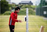 8 June 2020; Gerardo Bruna sanitises prior to a Derry City training session at Aileach FC in Burnfoot, Donegal. Following approval from the Football Association of Ireland and the Irish Government, the four European qualified SSE Airtricity League teams resumed collective training. On March 12, the FAI announced the cessation of all football under their jurisdiction upon directives from the Irish Government, the Department of Health and UEFA, due to the outbreak of the Coronavirus (COVID-19) pandemic. Photo by Stephen McCarthy/Sportsfile
