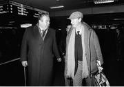 11 February 1986; Jack Charlton, accompanied by Joe Delaney, assistant honorary treasurer of the FAI, arrives at Dublin airport four days after his appointment as Republic of Ireland manager. Dublin. Photo by Ray McManus/Sportsfile