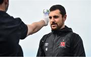 10 June 2020; Jordan Flores has his temperature taken ahead of a Dundalk training session at Oriel Park in Dundalk, Louth. Following approval from the Football Association of Ireland and the Irish Government, the four European qualified SSE Airtricity League teams resumed collective training. On March 12, the FAI announced the cessation of all football under their jurisdiction upon directives from the Irish Government, the Department of Health and UEFA, due to the outbreak of the Coronavirus (COVID-19) pandemic. Photo by Ben McShane/Sportsfile