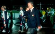 11 June 1990; Republic of Ireland manager Jack Charlton leaves the pitch after the FIFA World Cup 1990 Group F match between England and Republic of Ireland at Stadio Sant'Elia in Cagliari, Italy. Photo by Ray McManus/Sportsfile
