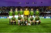 11 June 1990; The Republic of Ireland team, back row, from left, Chris Morris, Steve Staunton, Tony Cascarino, Packie Bonner, Mick McCarthy and Paul McGrath, with front row, from left, John Aldridge, Kevin Sheedy, Ray Houghton, Andy Townsend and Kevin Moran ahead of the FIFA World Cup 1990 Group F match between England and Republic of Ireland at Stadio Sant'Elia in Cagliari, Italy. Photo by Ray McManus/Sportsfile