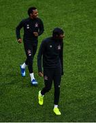 10 June 2020; Nathan Oduwa, right, and Lido Lotefa during a Dundalk training session at Oriel Park in Dundalk, Louth. Following approval from the Football Association of Ireland and the Irish Government, the four European qualified SSE Airtricity League teams resumed collective training. On March 12, the FAI announced the cessation of all football under their jurisdiction upon directives from the Irish Government, the Department of Health and UEFA, due to the outbreak of the Coronavirus (COVID-19) pandemic. Photo by Ben McShane/Sportsfile