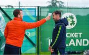 11 June 2020; Tyrone Kane, right, has his temperature taken upon arrival by David Stephenson, Performance Operations, during a training session at the Cricket Ireland High Performance Training Centre on the Sport Ireland Campus in Dublin. In accordance with Cricket Ireland’s Coronavirus (COVID-19) Safe Return to Training Protocols, more than 30 of Ireland’s elite cricketers returned to training this week at three dedicated hubs across the country, at Dublin, Belfast and Bready. Both senior men’s and women’s squads undertook modified training sessions in line with Government guidelines following the outbreak of the Coronavirus (COVID-19) pandemic. Photo by Seb Daly/Sportsfile